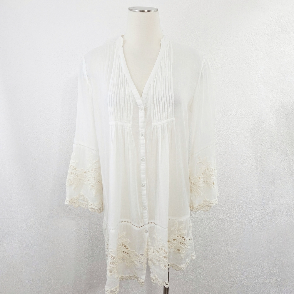Antica Sartoria Short Peasant Dress Tunic Top Ivoru White Floral Lace Sz Medium